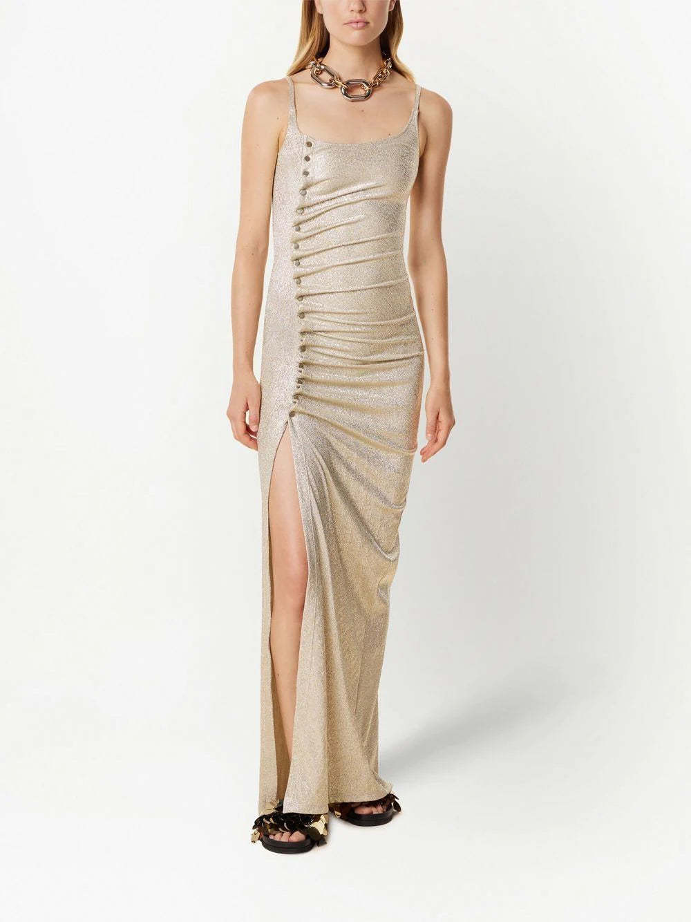 Rabanne Metallic Pleated Dress With Side-button Ruched Detail In Nude