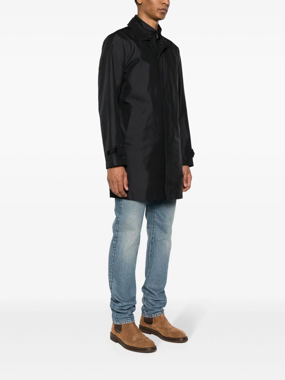 Fay Layered Long Sleeve Buttoned Waterproof Coat In Black