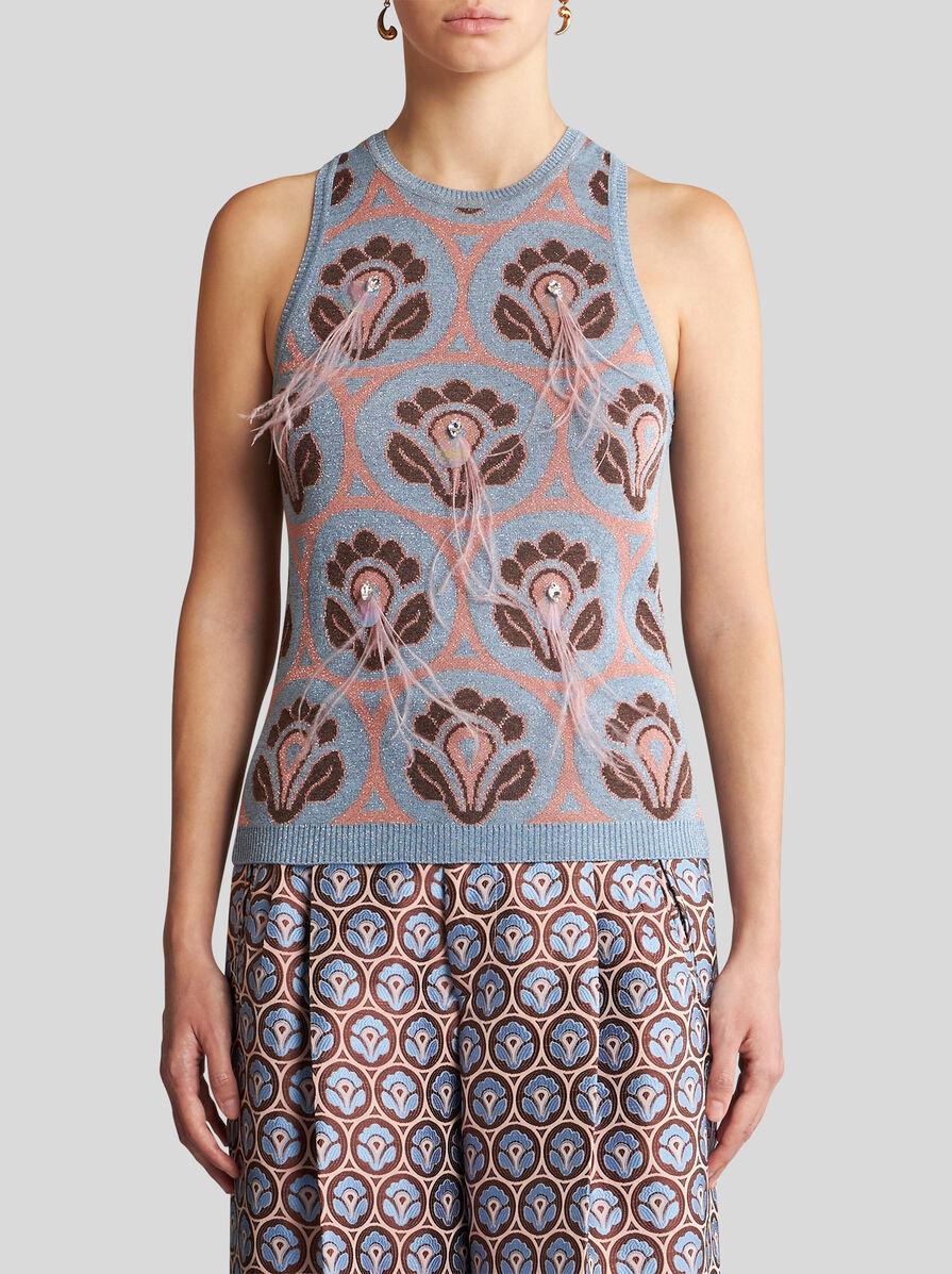Etro Crystal Feather Embellished Foulard Knit Tank Top In Gray