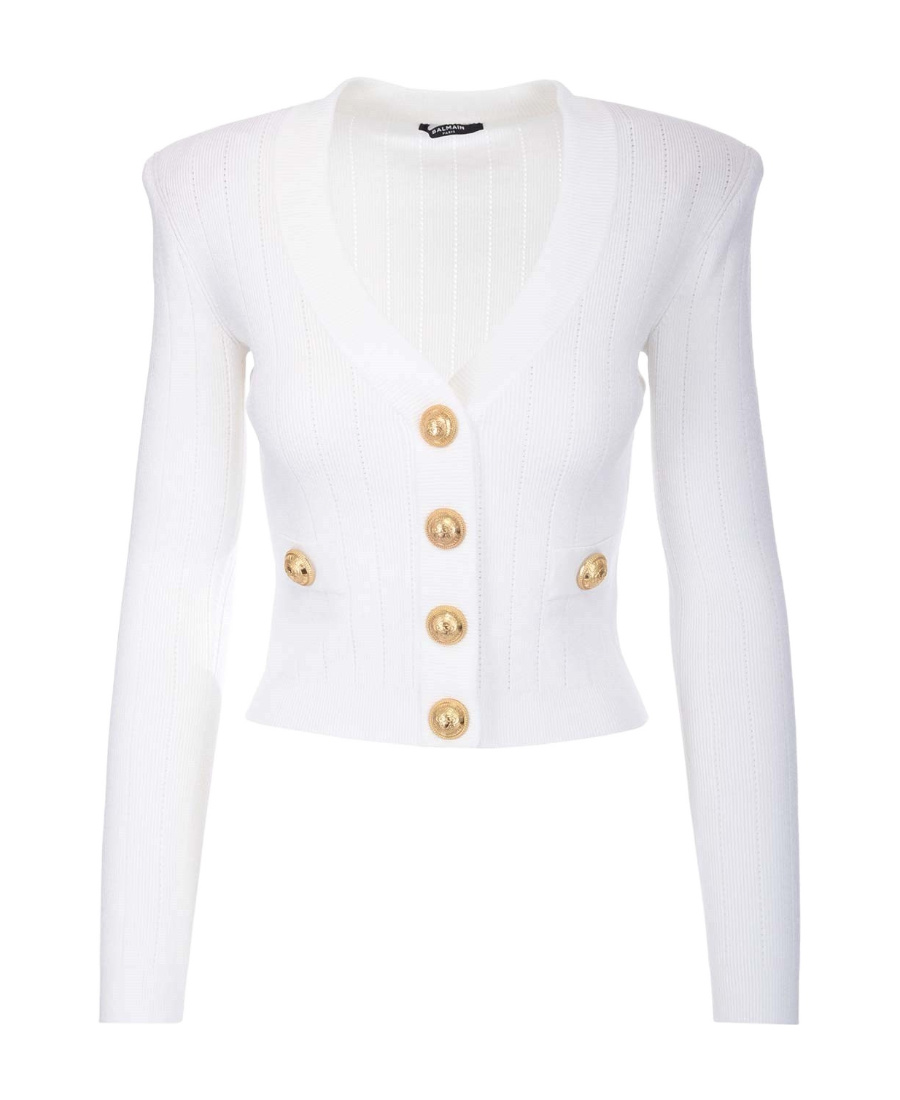 Balmain Button Embellished Ribbed Cardigan In White