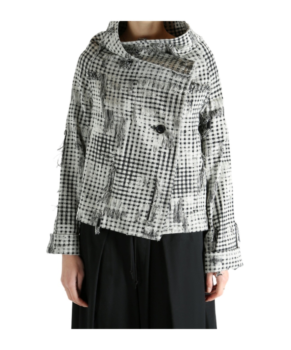 Y's Check-pattern Frayed-hem Jacket In Gray