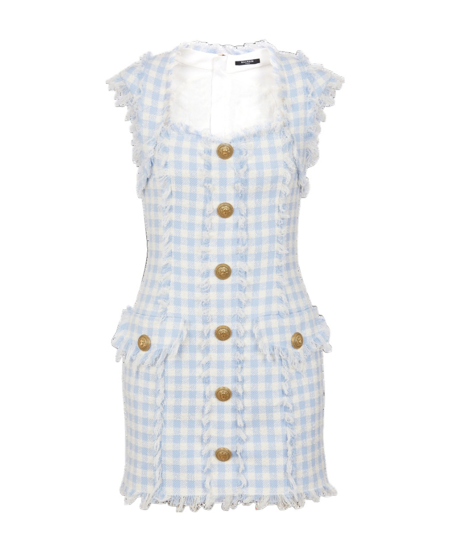 Balmain Frayed Gingham Cotton-blend Tweed Mini Dress In Blue