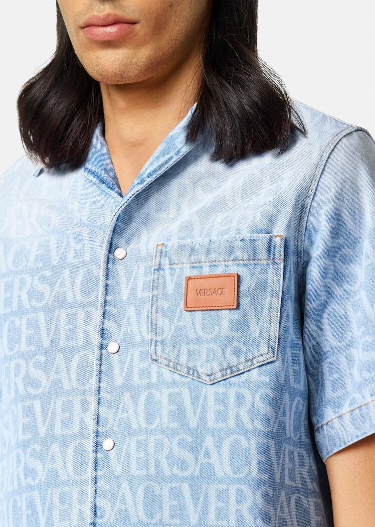 Versace All-over Logo Denim Shirt In Blue