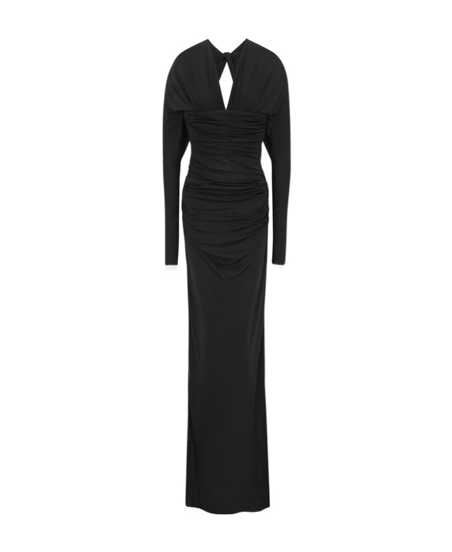 Saint Laurent Long-sleeve Wrapped Gown Dress In Black