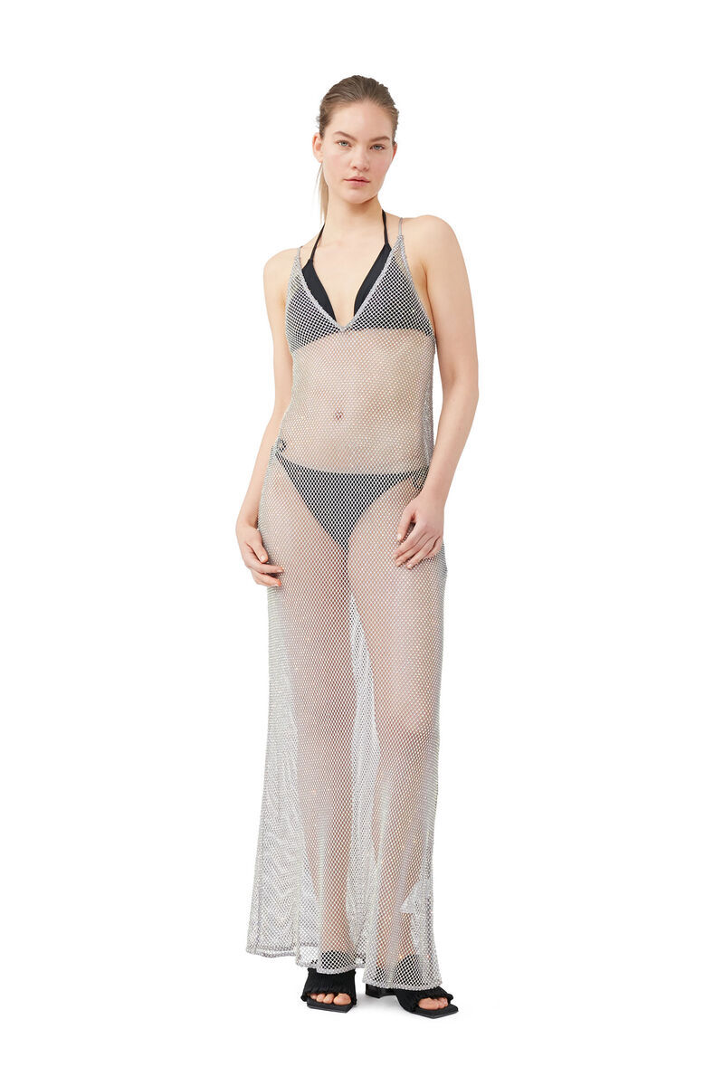 Ganni Crystal-embellished Mesh Dress In Gray