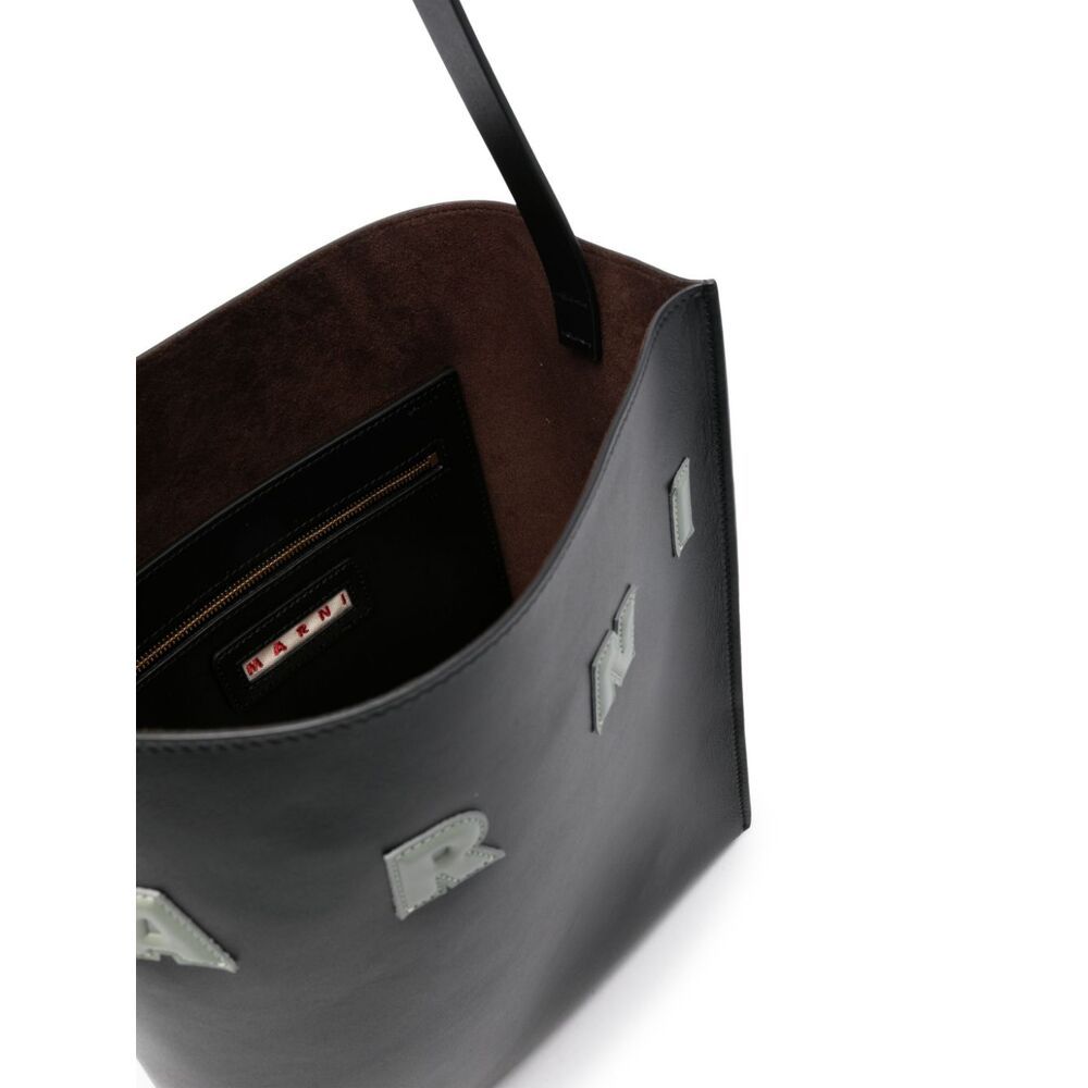 Marni Black White Leather Museo Hobo Bag With Patches In Black
