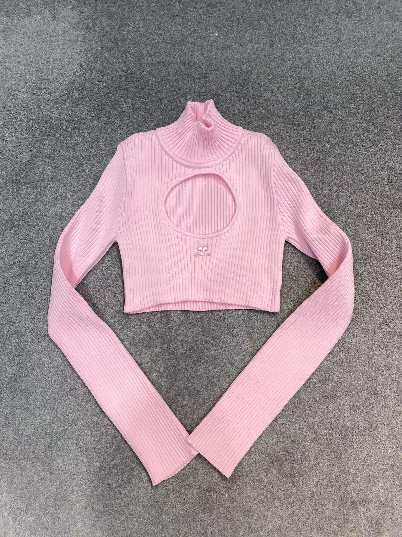 Courrèges Pink Circle Mockneck Ribbed Crop Top In Pink
