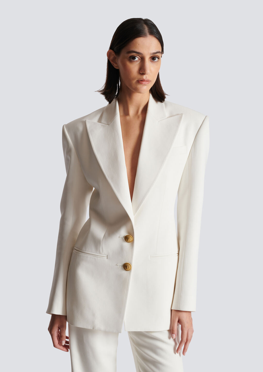 Shop Balmain 2-button Crepe Jacket In White