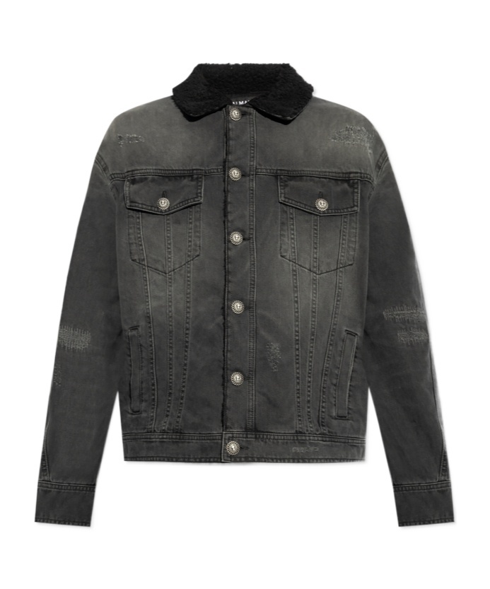 Shop Balmain Faded Denim Jacket In Black