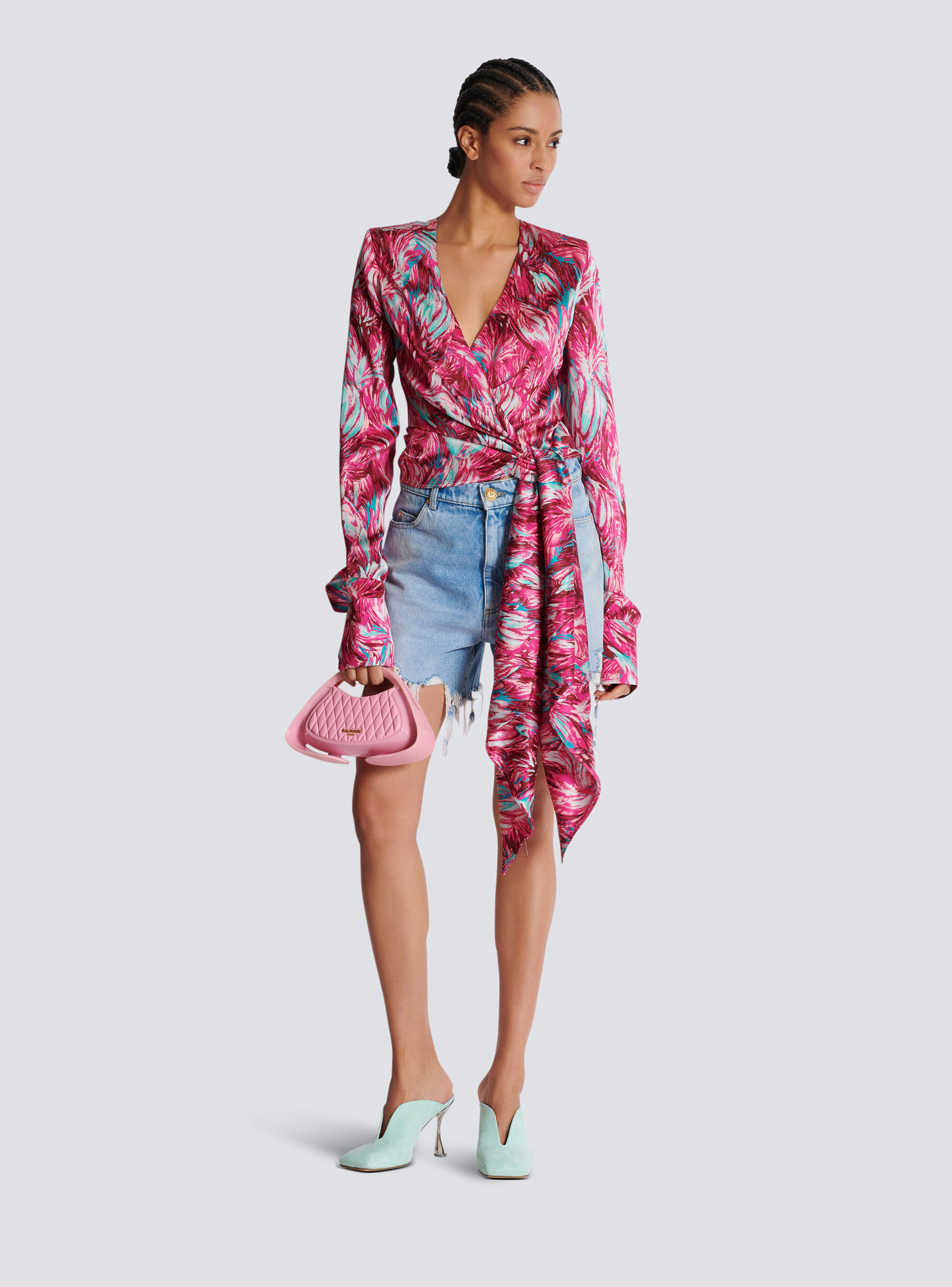 Balmain Feather-print Silk Blouse In Red