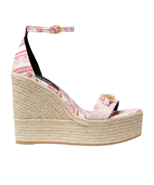 Versace Embellished Printed Leather Espadrille Wedge Sandals In Pink