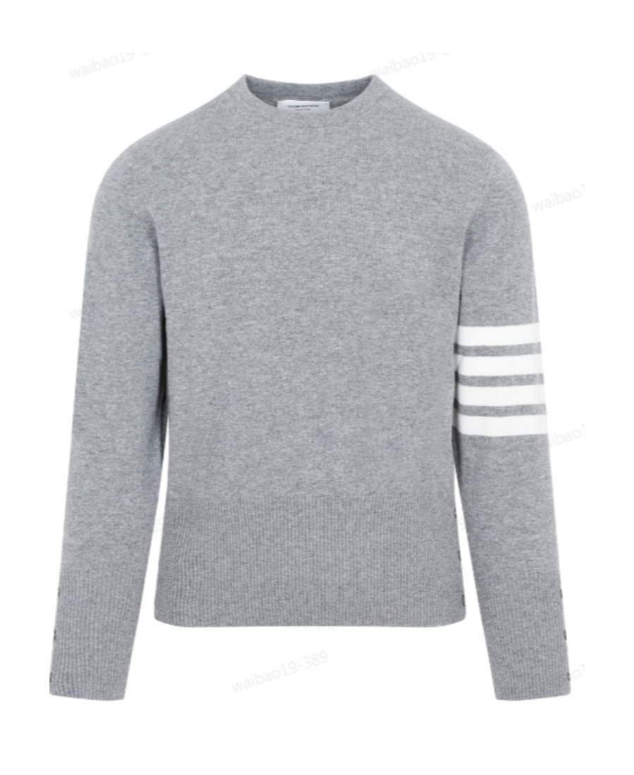 Thom Browne Crewneck Sweater With Ribbed Cuffs And Hem In Gray
