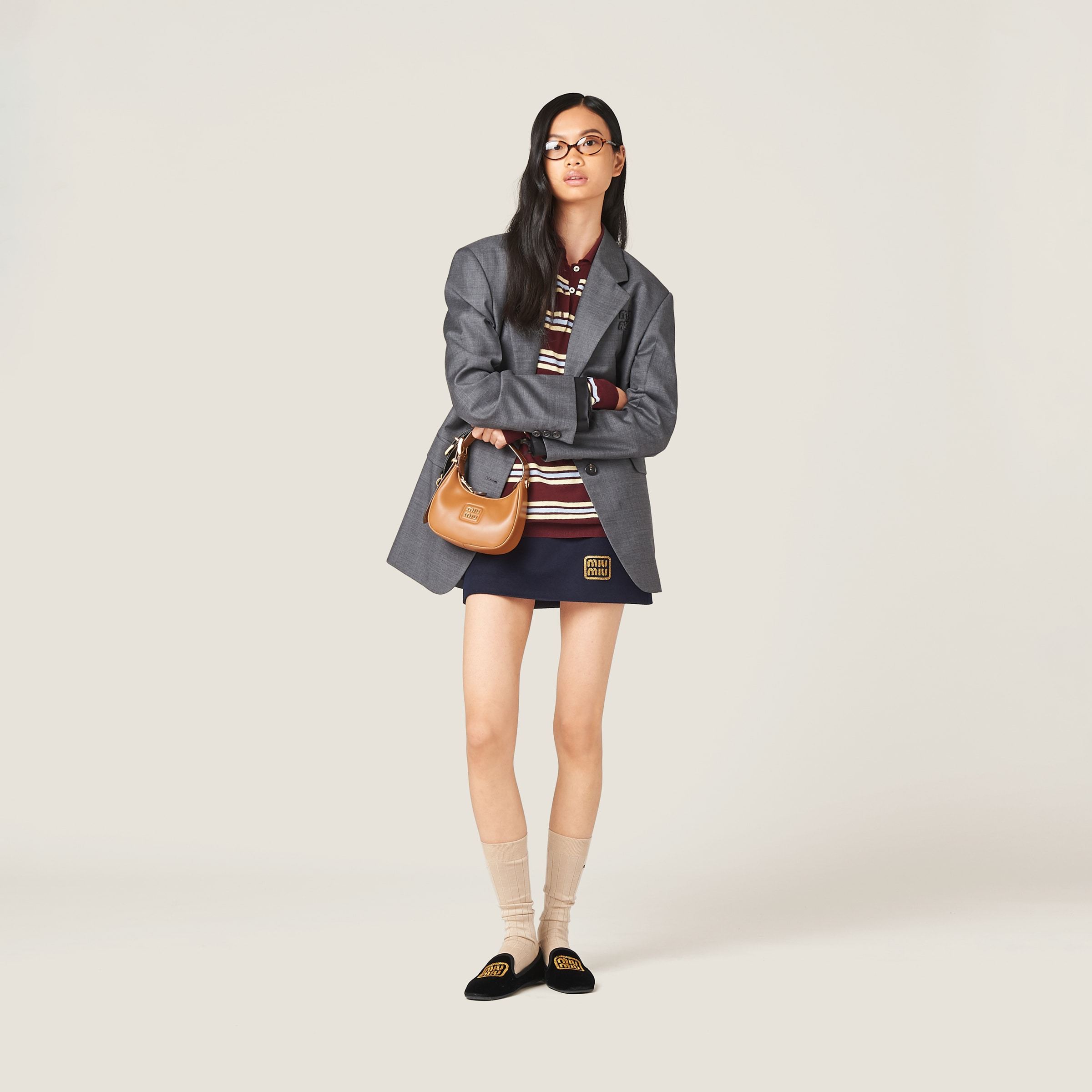 Miu Miu Woolen Skirt With Front Logo In Blue