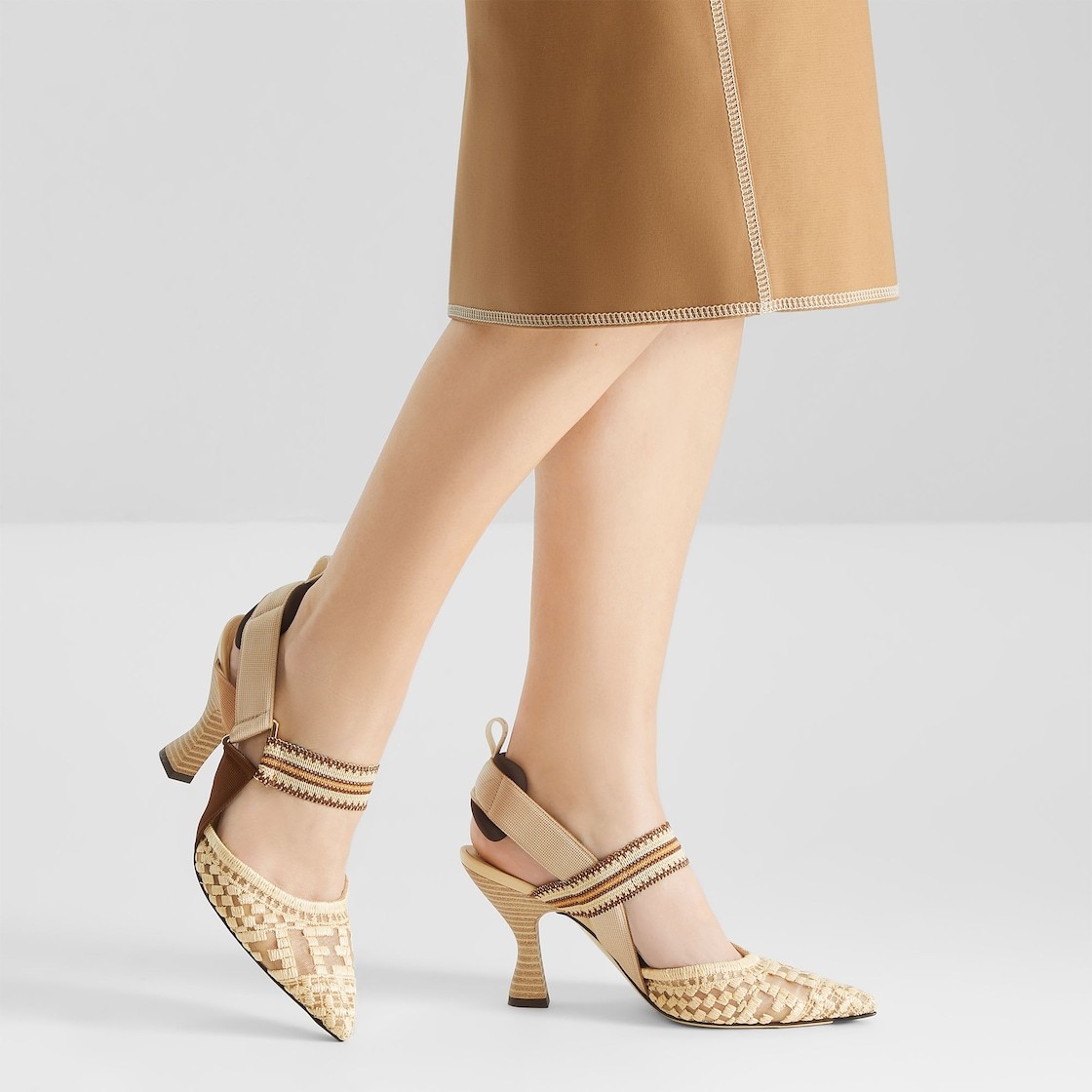 Fendi Medium-heeled Mesh Slingbacks With Raffia Ff Embroidery In Beige