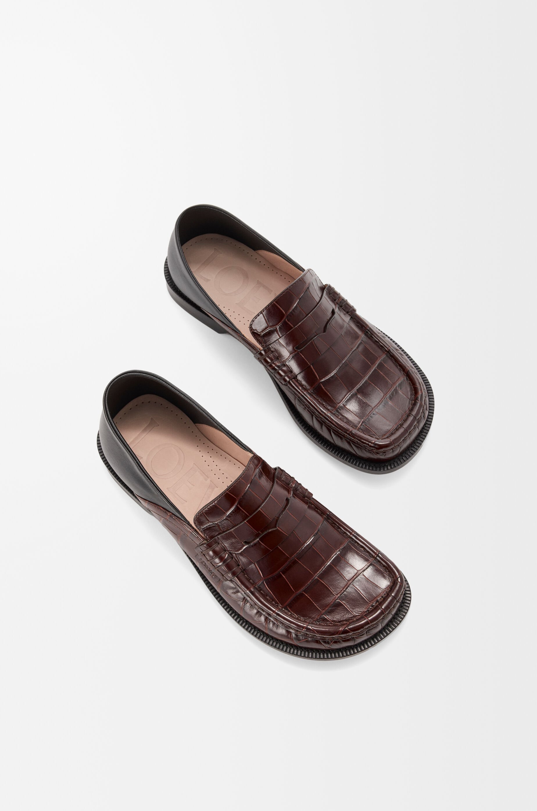 Loewe Campo Flap Loafers In Embossed Crocodile Leather And Smooth Leather In Brown