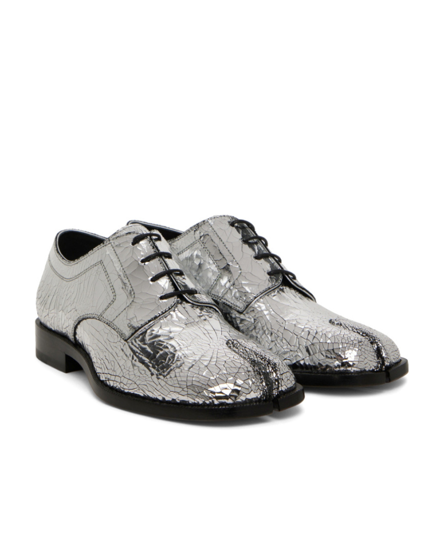 Maison Margiela Tabi Split-toe Metallic Textured-leather Derby Shoes In Silver