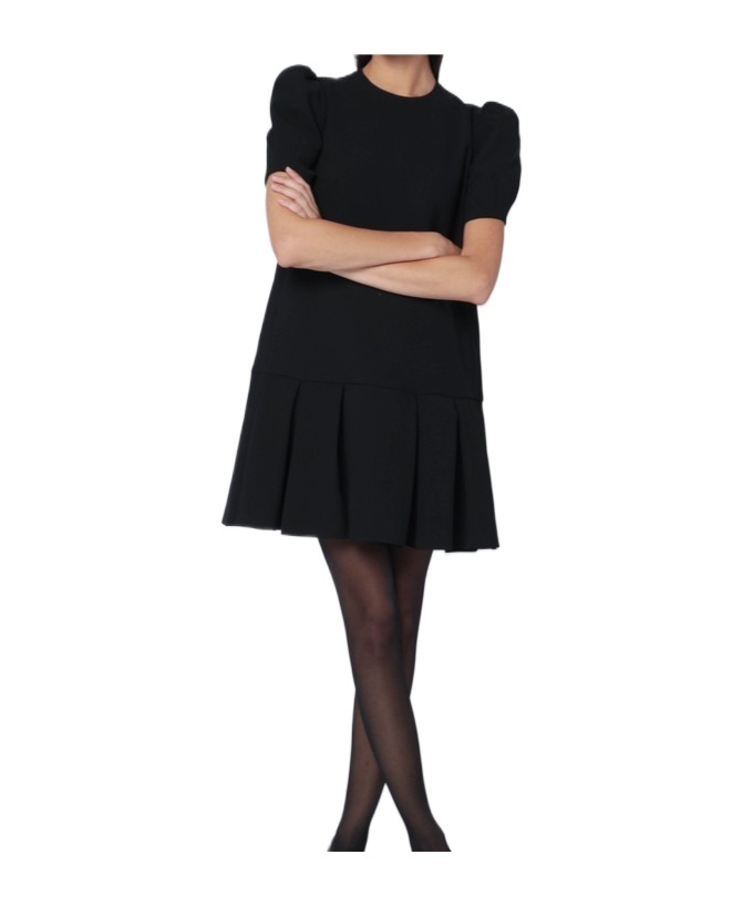 Moschino Twill Dress With Pleated Skirt And Puff Sleeves In Black