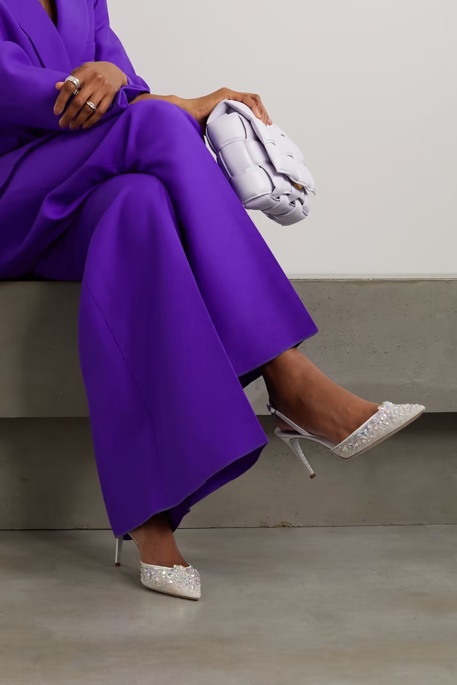 René Caovilla Lace Embellished Sling Back Pumps In White
