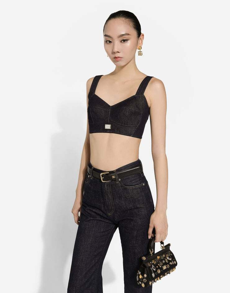 Dolce & Gabbana Cotton Denim Corset Bralette Top In Black