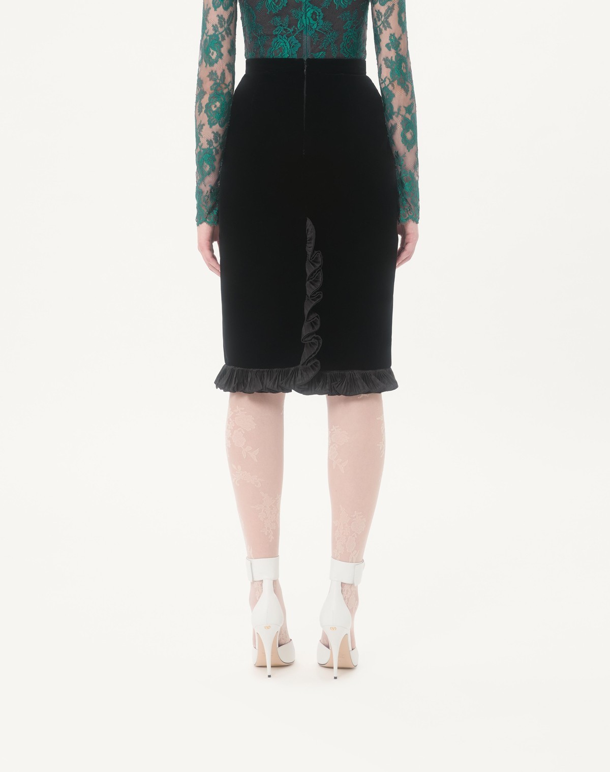Valentino Velvet Ruffled Pencil Skirt In Black