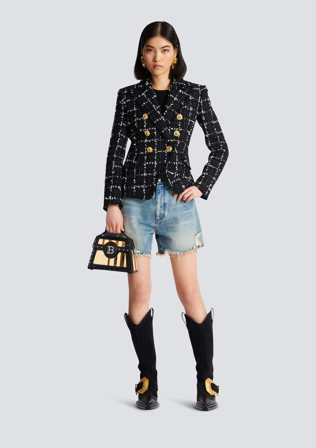 Balmain Grid Tweed Double-breasted Blazer In Black