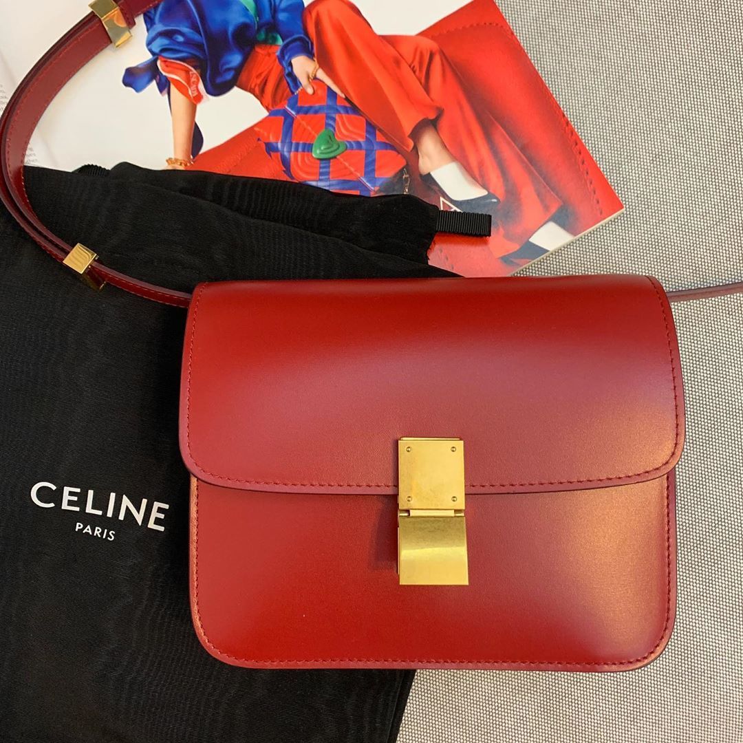 Celine Classic Teen Leather Polished Handbag In Red