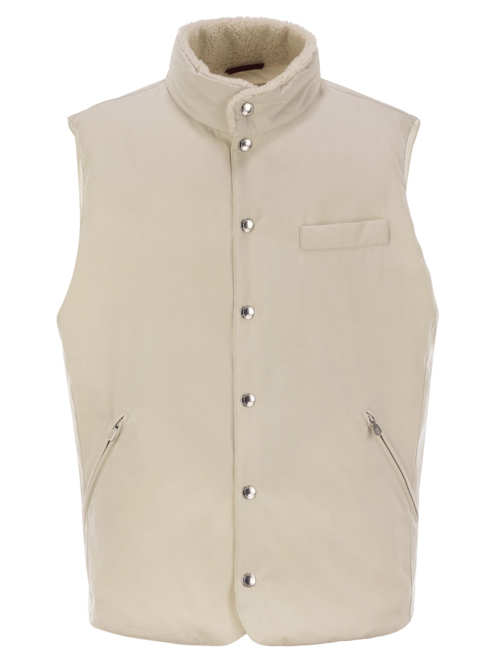 Brunello Cucinelli Men Sleeveless Down Jacket With Sheepskin Collar In Nude