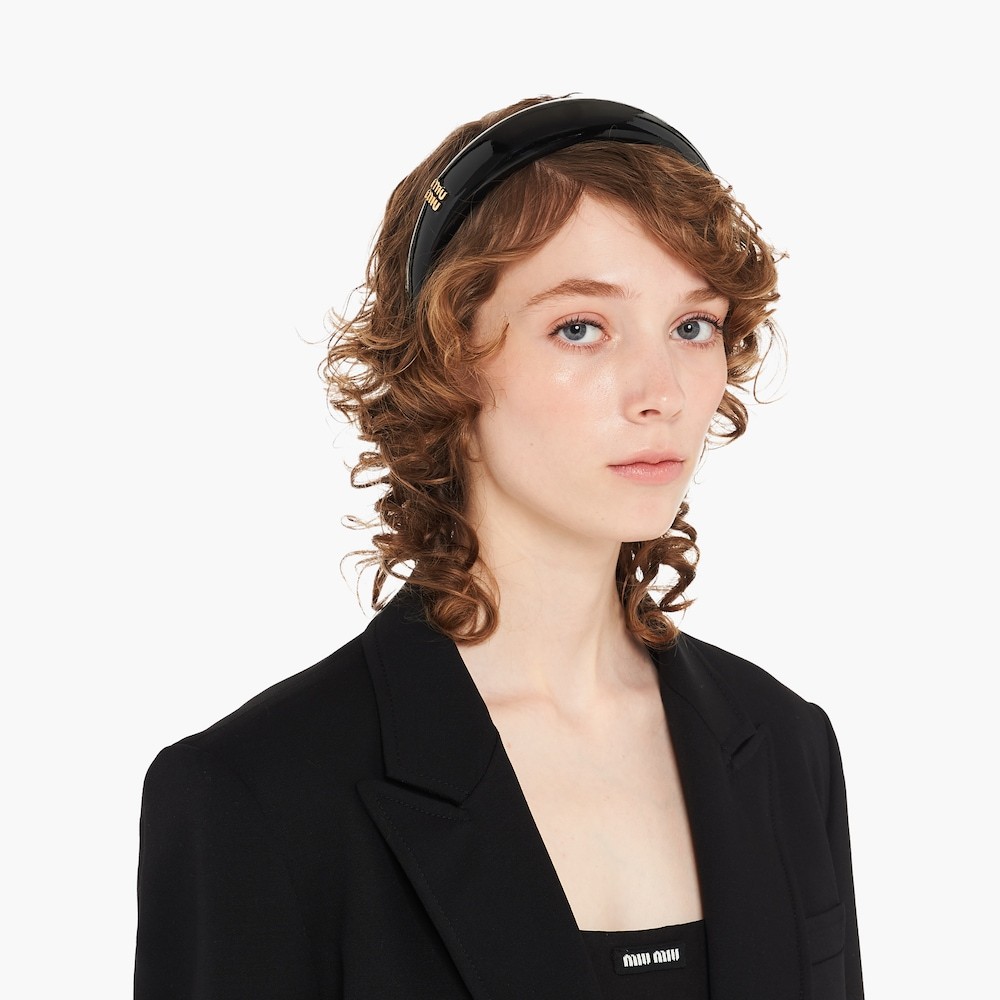 Miu Miu Logo-plaque Leather Headband In Black