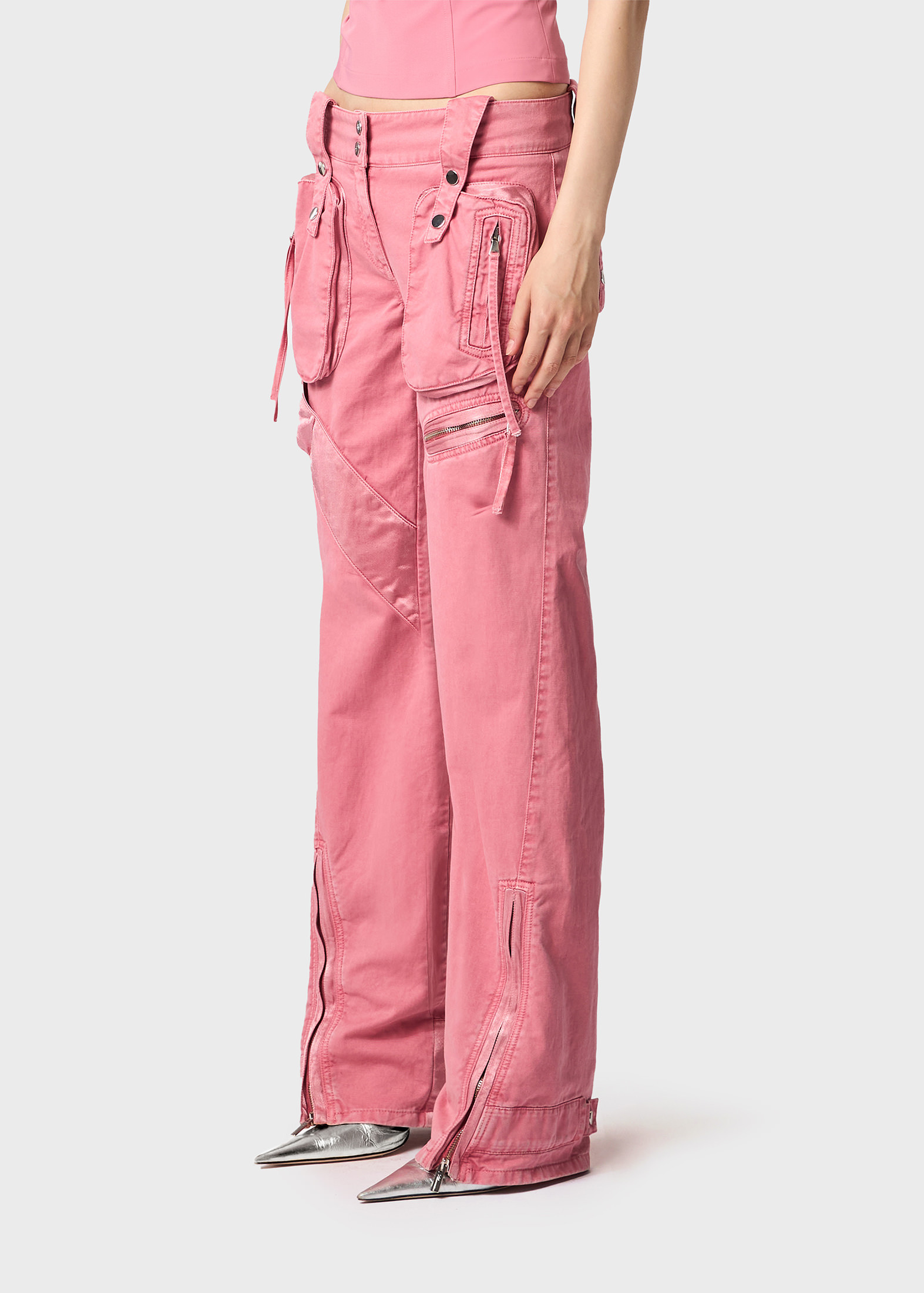 Blumarine Cotton Denim Cargo Flared Pants W/zips In Pink