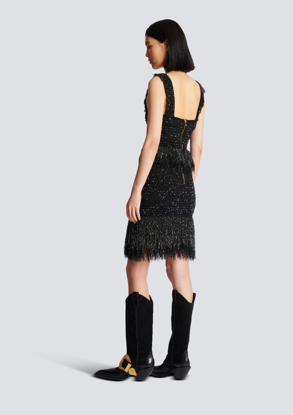 Balmain Fringed Tweed Short Skirt With 6 Buttons In Black