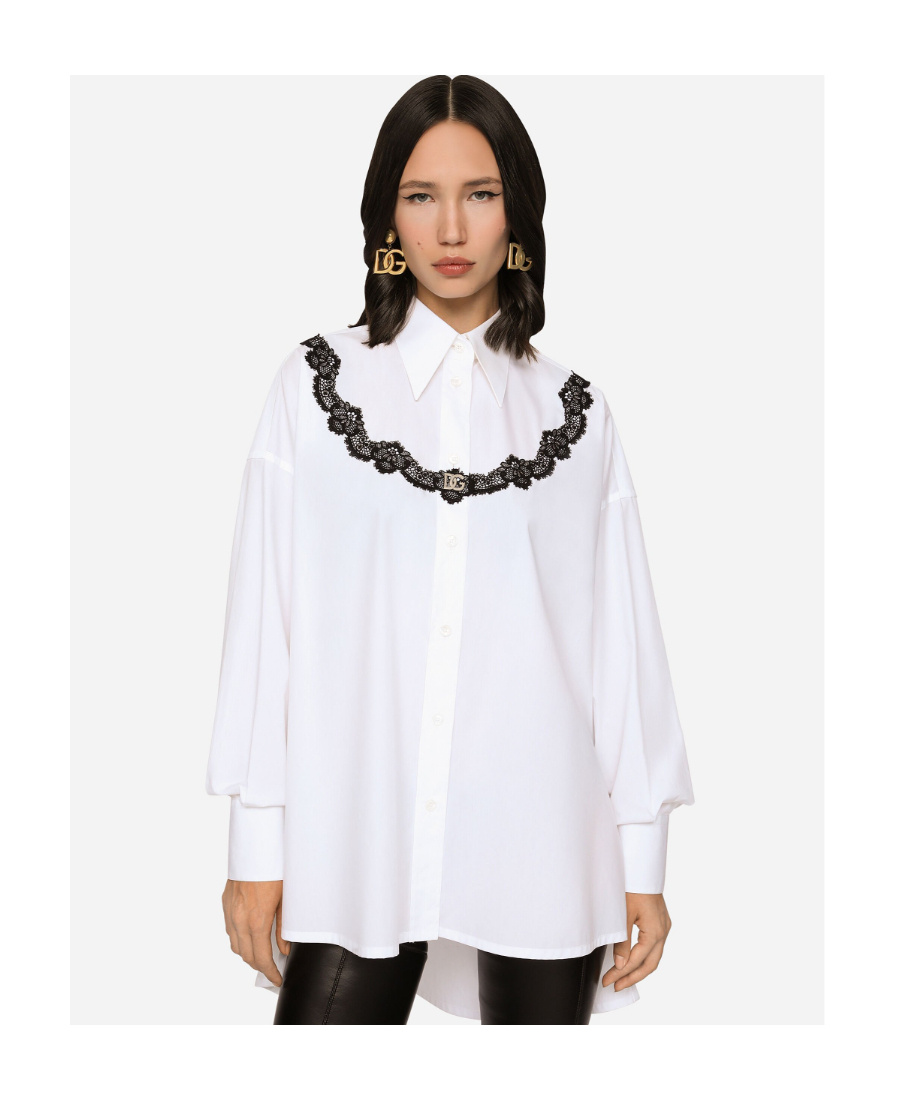 Dolce & Gabbana Dolce&gabbana Oversize Lace Yoke High-low Cotton Blend Button-up Shirt In White