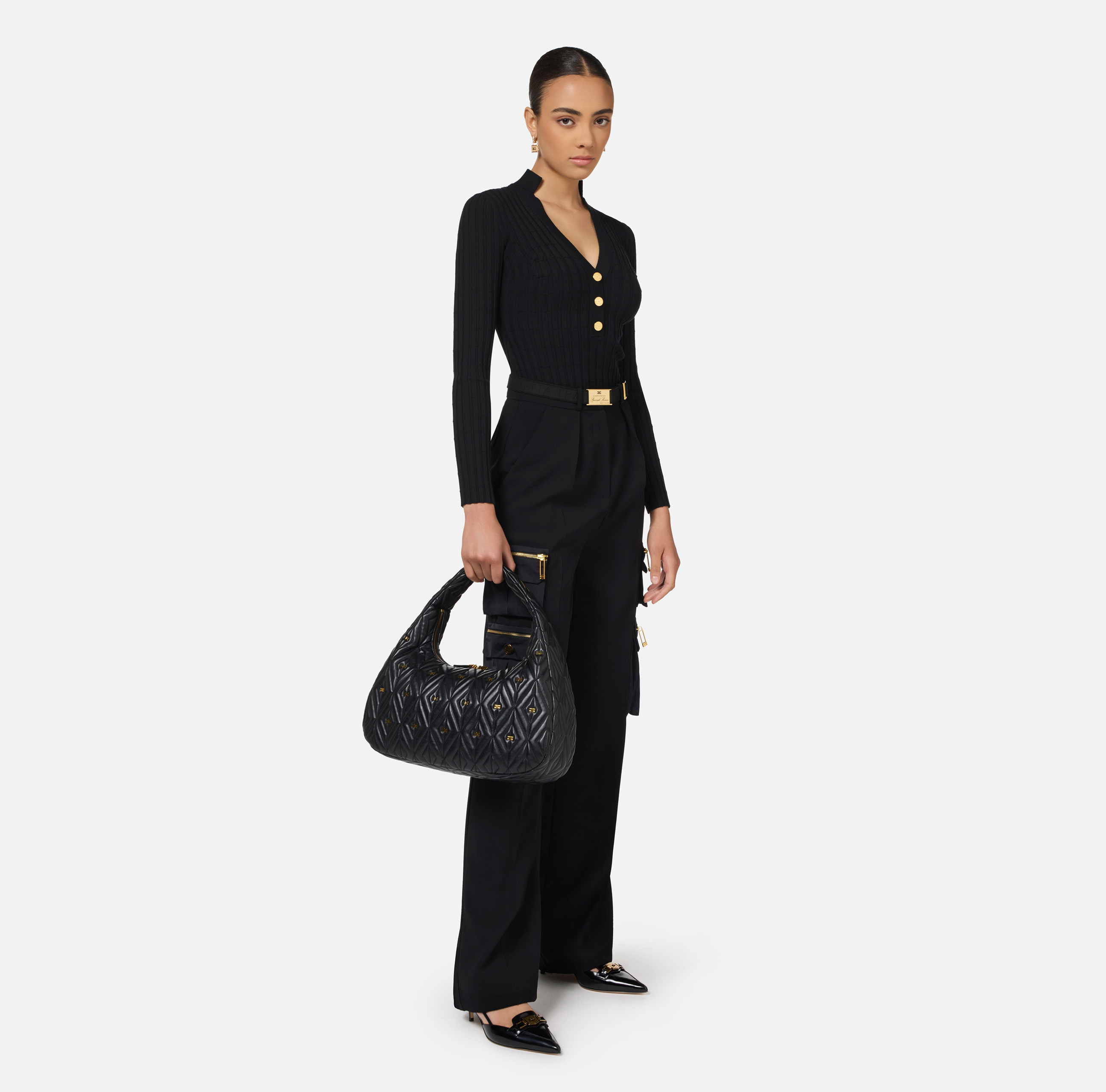 Elisabetta Franchi Black Cargo Trousers With Belt In Black