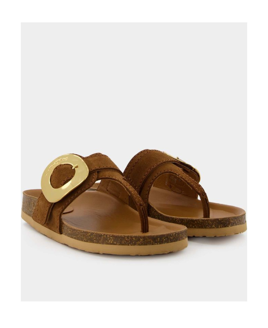 See By Chloé Gold-tone Plaque Suede Slides In Brown