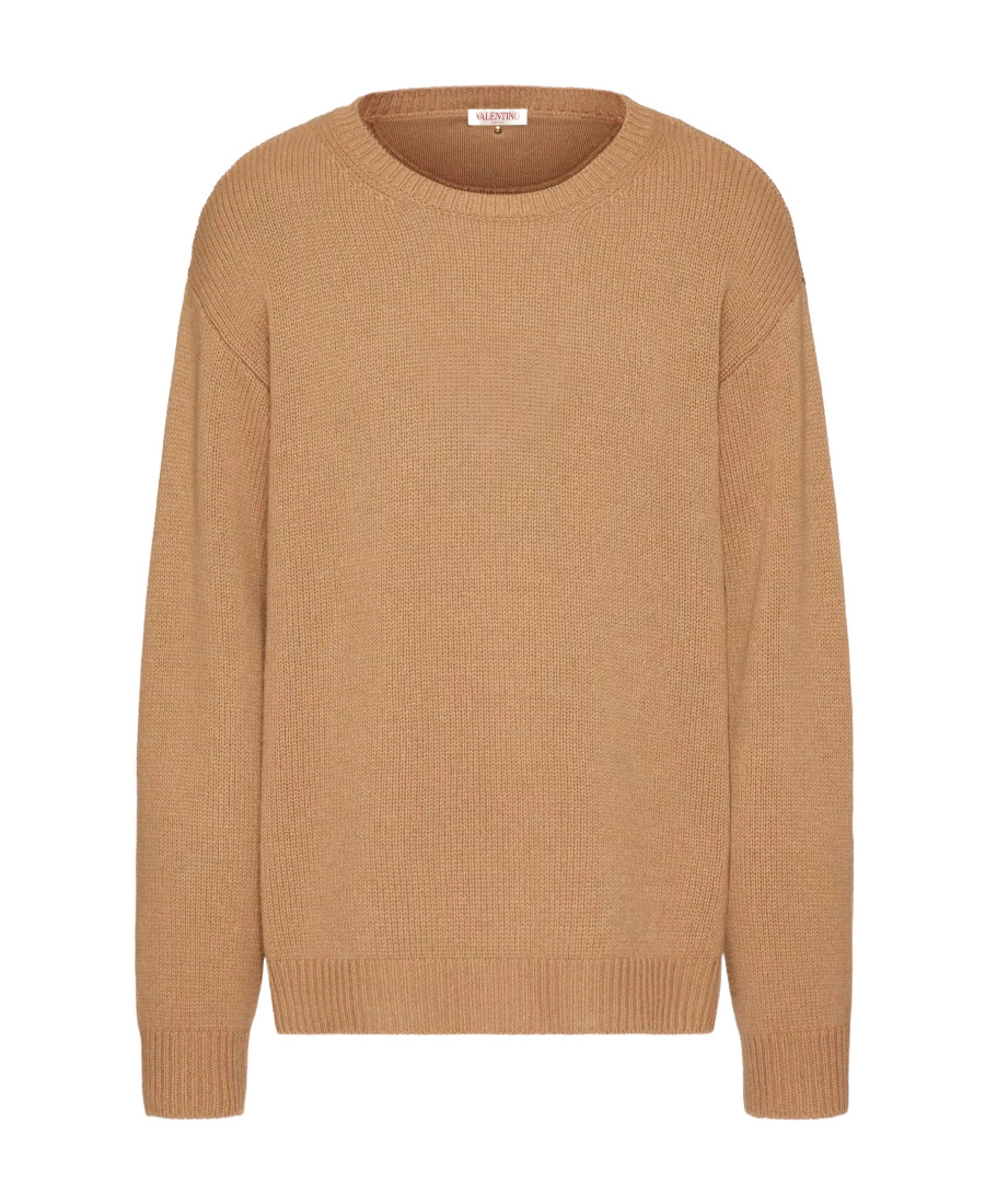 Valentino Cashmere Crewneck Jumper With Stud In Brown