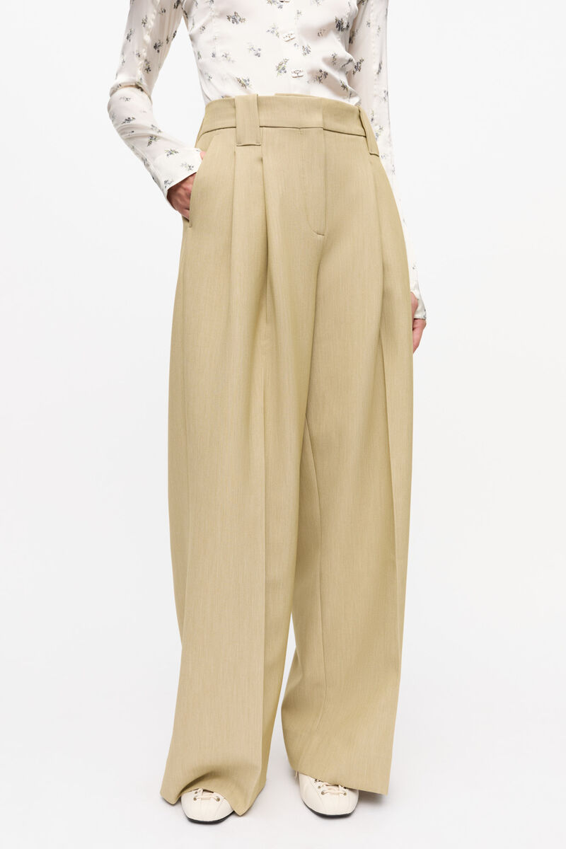 Ganni Beige Twill Suiting Mid Waist Trousers In Nude