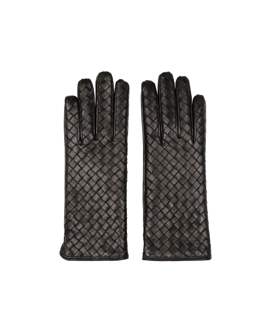 Bottega Veneta Intreciato Knitted Leather Gloves In Black