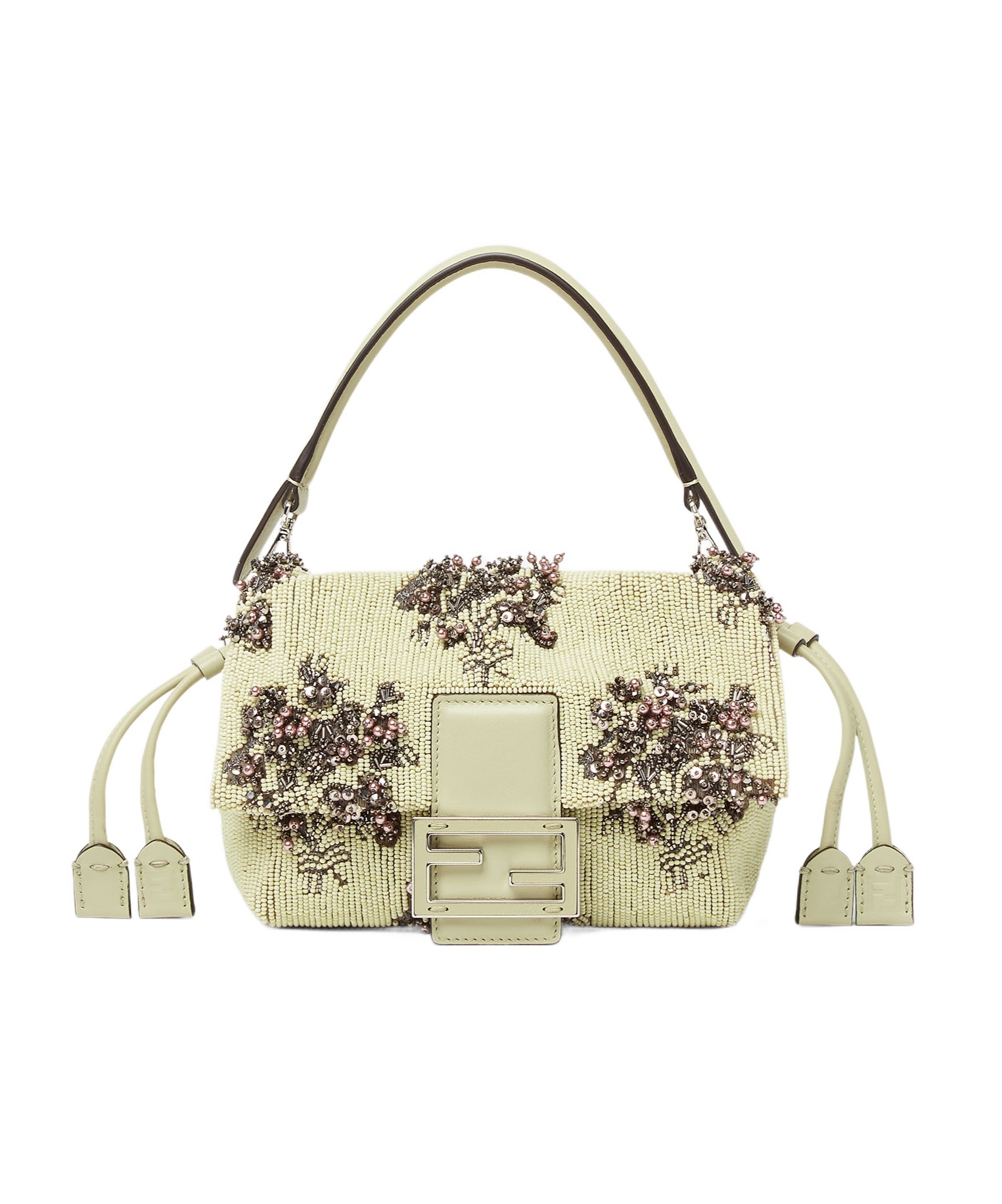 Fendi Mamma Baguette Small Sage Green Flower Bouquet Embroidered Mini-bag In Gray-green