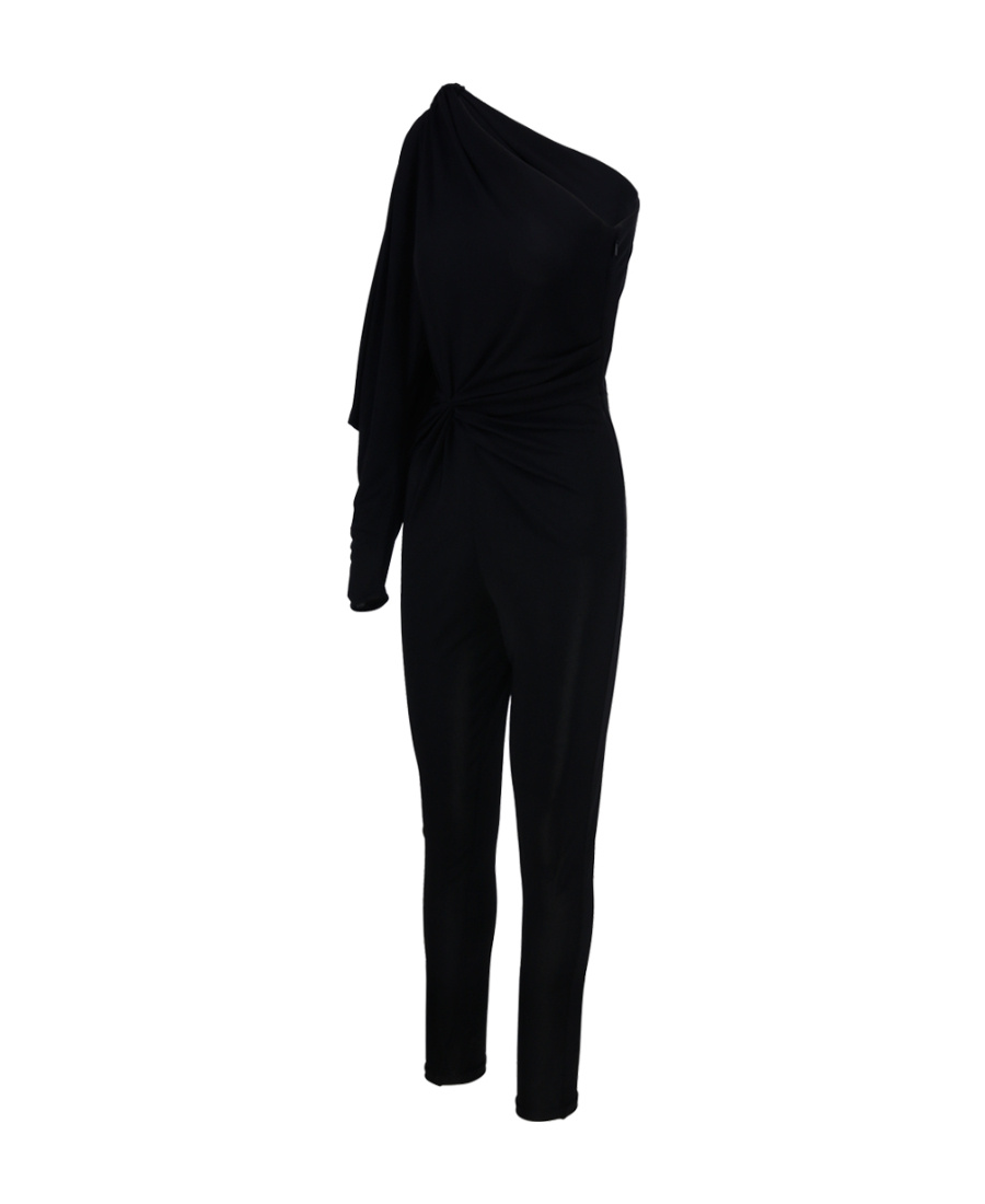 Saint Laurent Black One-shoulder Jumpsuit With Side Gathering In Jersey Woman In Black