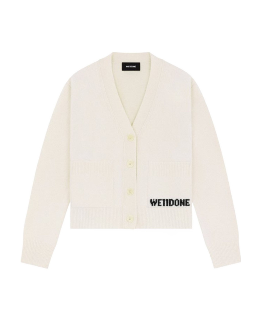 We11 Done Logo-intarsia Wool Cardigan In White