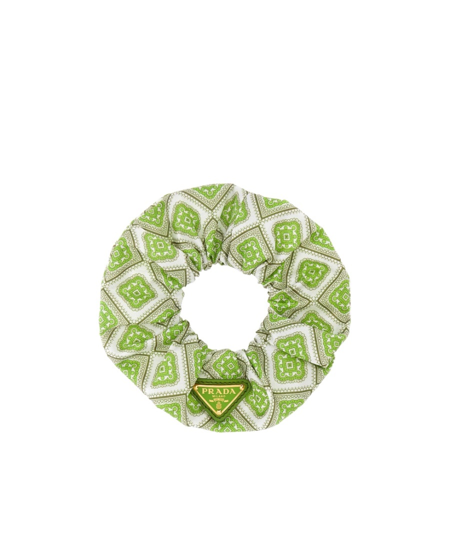 Prada Geometric Twill Twist Scrunchie In Green
