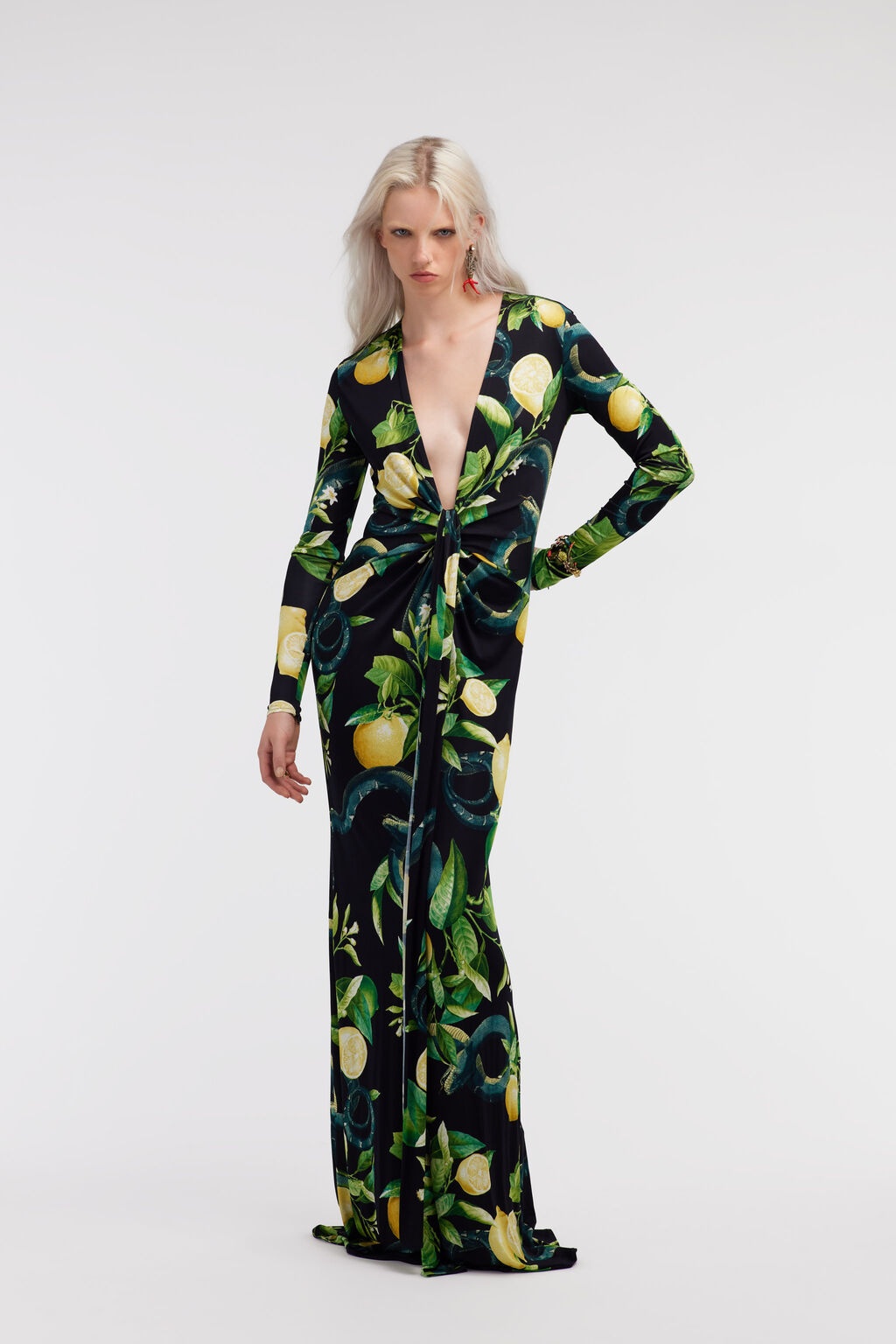 ROBERTO CAVALLI LEMON-PRINT JERSEY MAXI DRESS