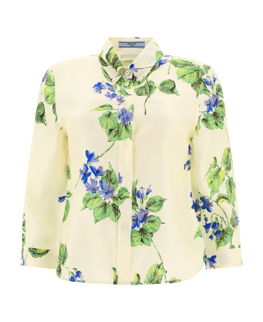 Prada Floral Print Silk Shirt In White