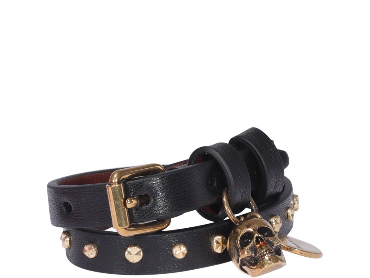 Alexander Mcqueen Hammered Studs Double-wrap Bracelet In Black