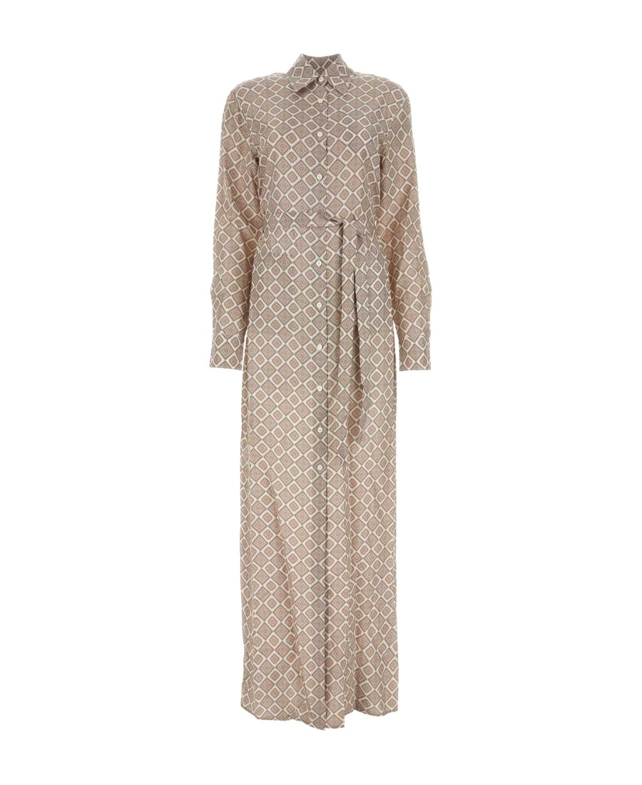 Prada Geometric Print Silk Shirt Dress In Bean Paste Color