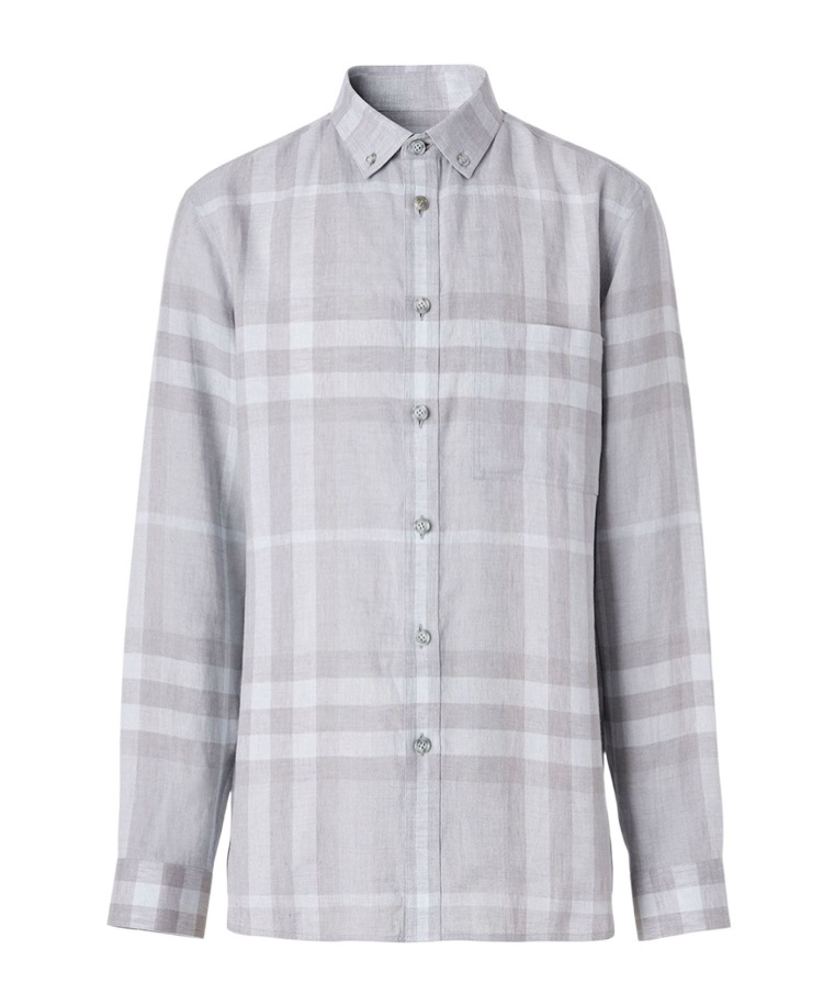Burberry Button-down Collar Check Linen Shirt In White