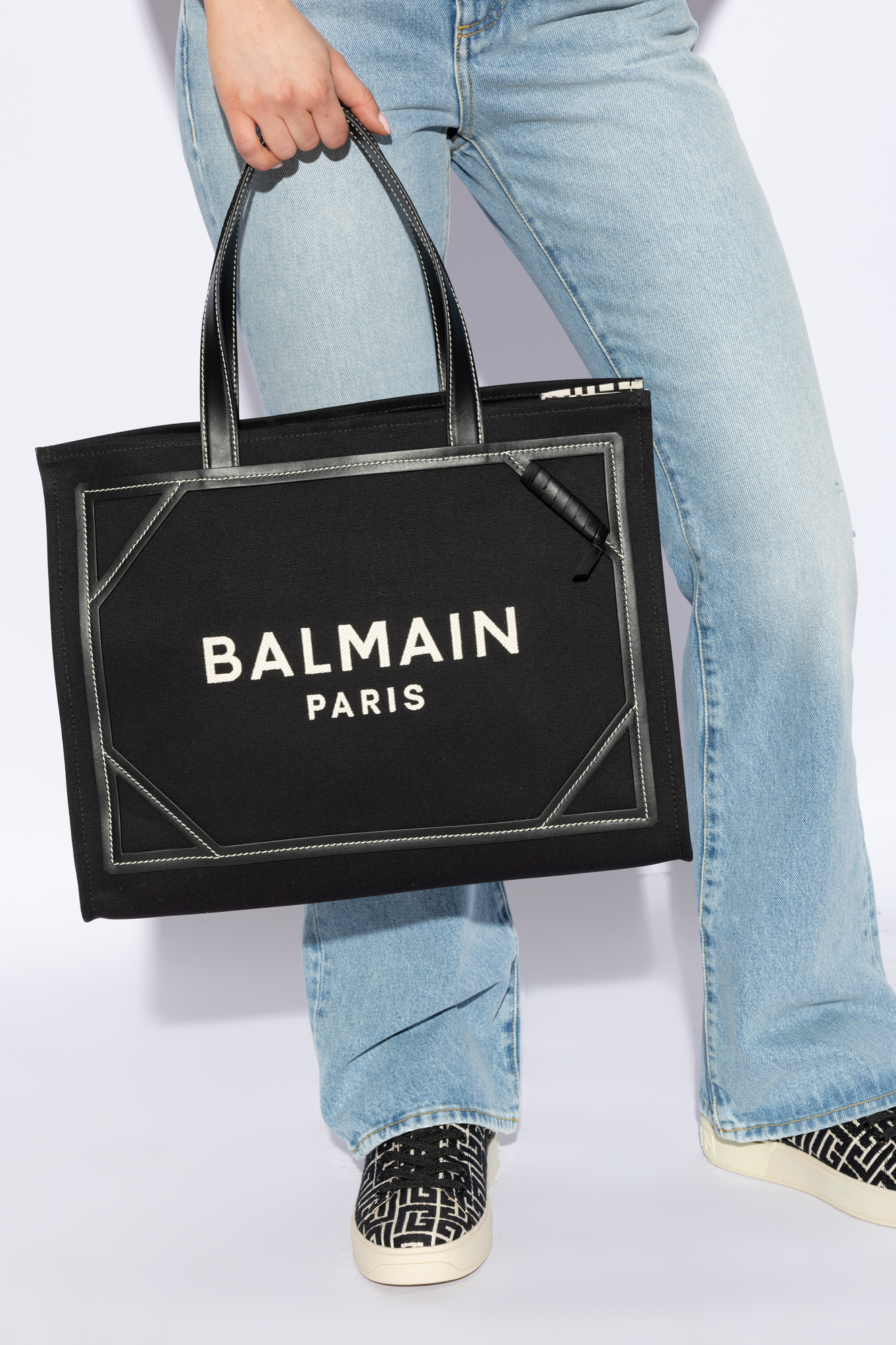 Balmain B-army Medium Shopper In Black And White Canvas And Leather In Black