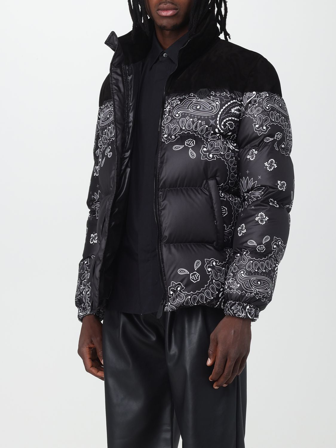 Philipp Plein Nylon And Suede Down Jacket Paisley Bandana In Black