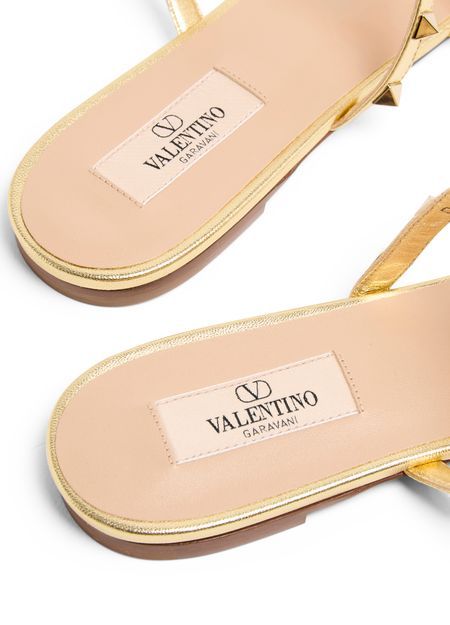 Valentino Garavani Rockstud Laminated Nappa Slide Sandal Woman Antique Brass 41 In Nude