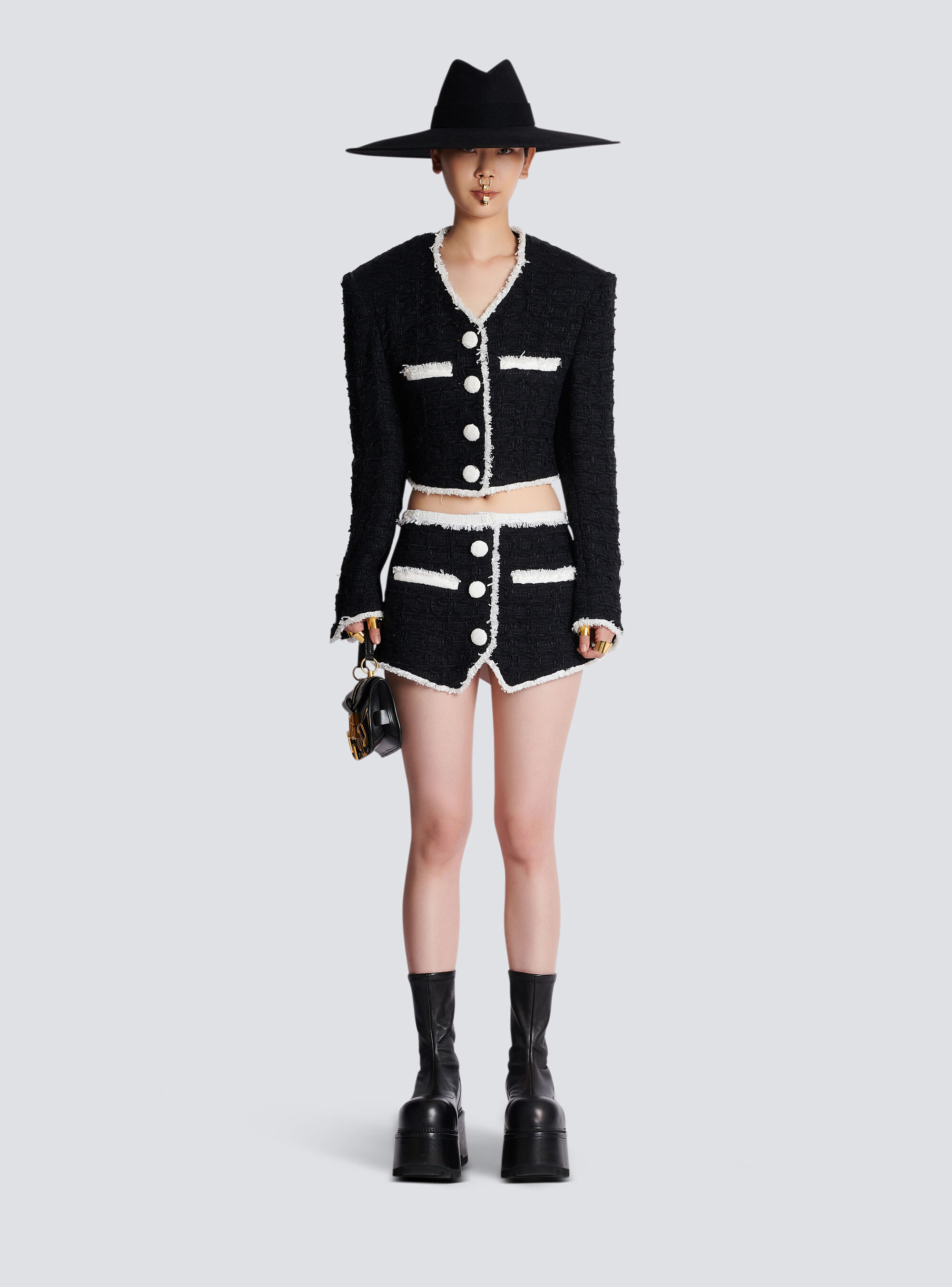Balmain Tweed Mini Skirt With Contrasting Details In Black