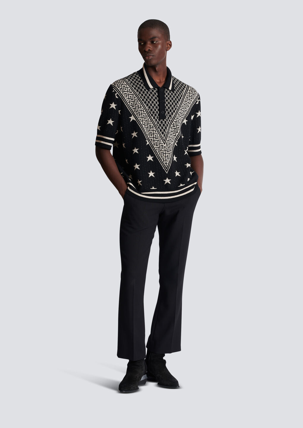 Balmain Monogram Stars Knitted Polo Shirt In Black